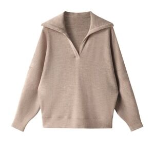 OGL Tan Ribbed Collared V-Neck Batwing Sleeve Pullover Top L Large New